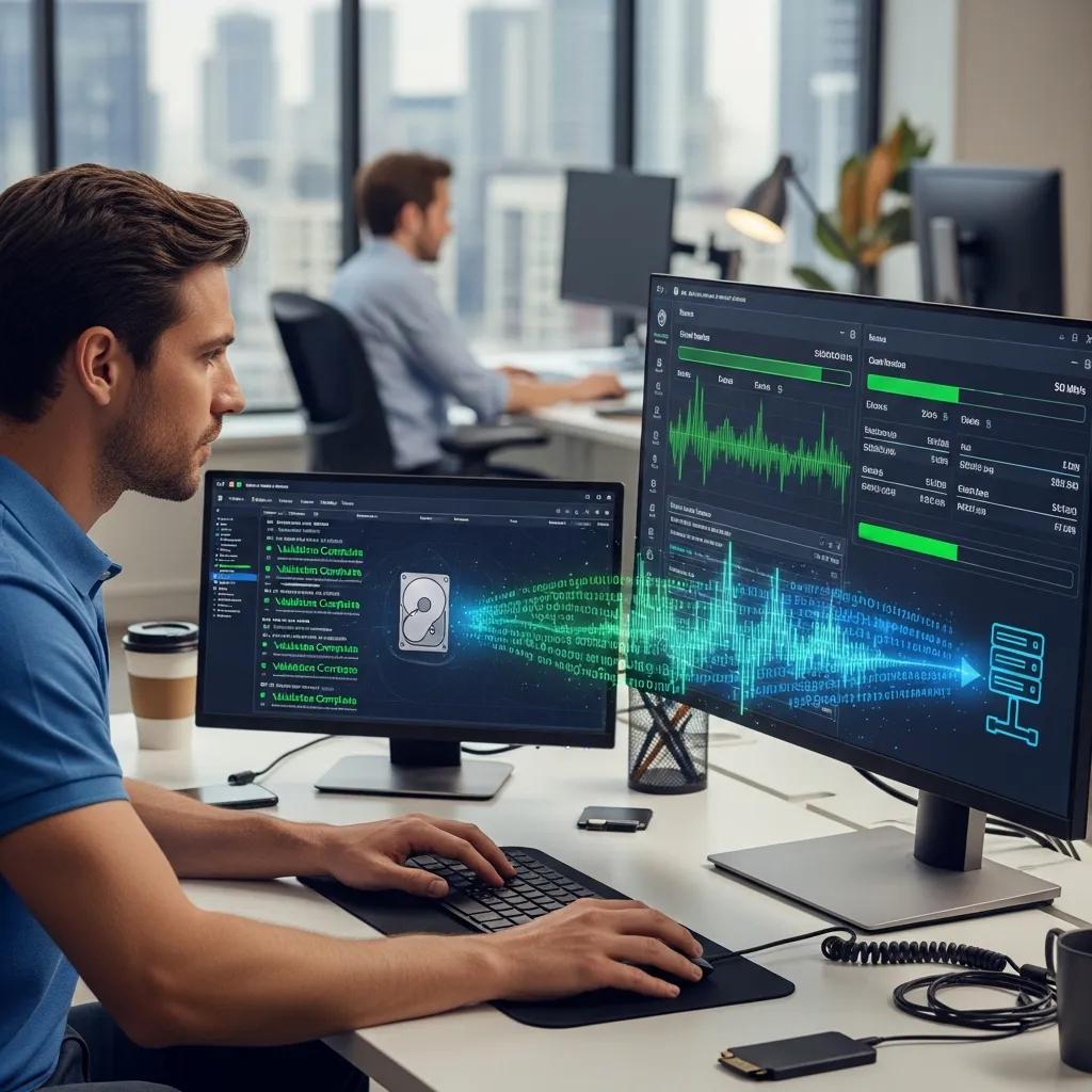 Technician managing a secure data transfer during an LMS migration