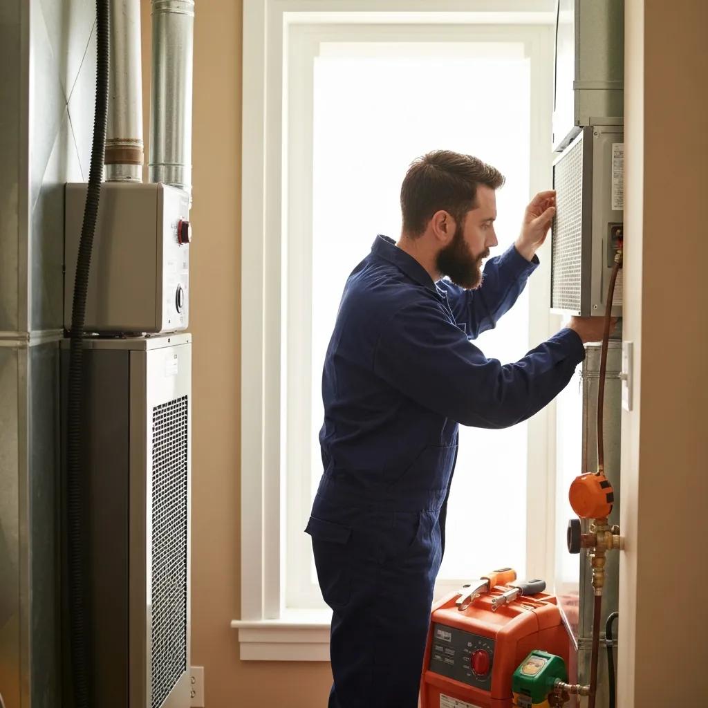 HVAC technician checking a furnace during routine maintenance HVAC technician checking a furnace during routine maintenance