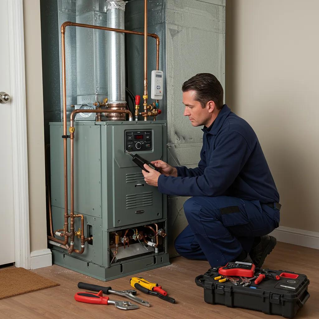 Technician inspecting a heating system in a Georgia home, emphasizing maintenance Technician inspecting a heating system in a Georgia home, emphasizing maintenance
