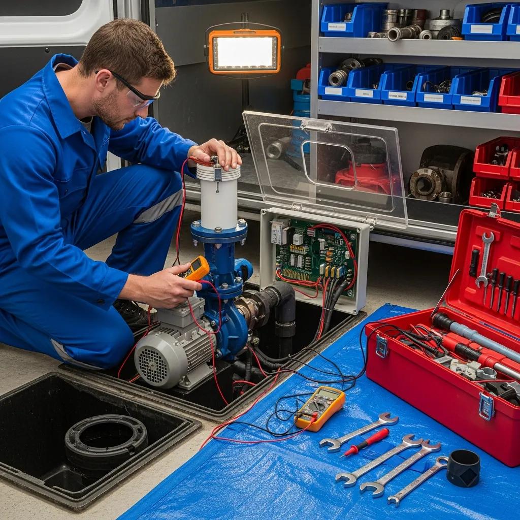 Technician inspecting a septic pump system, showing professional maintenance work