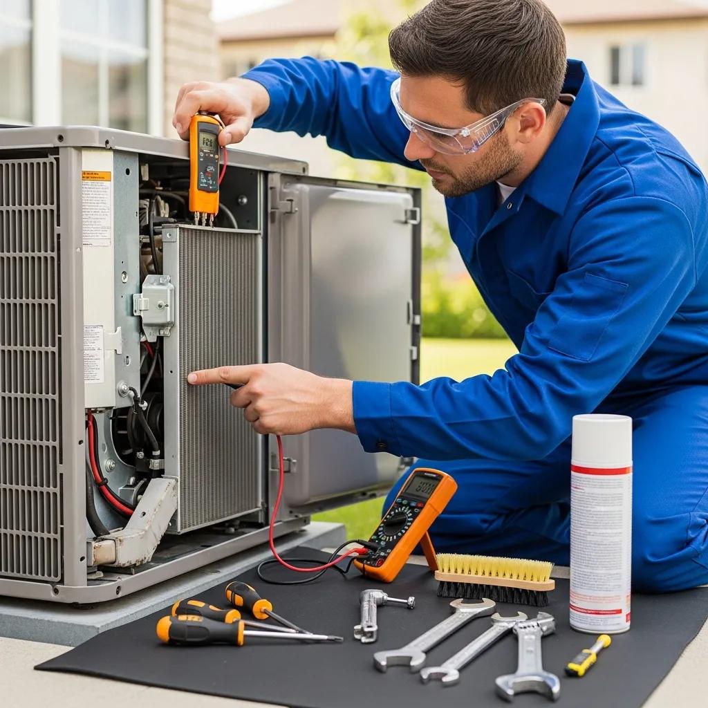 Technician inspecting air conditioning components during a maintenance visit