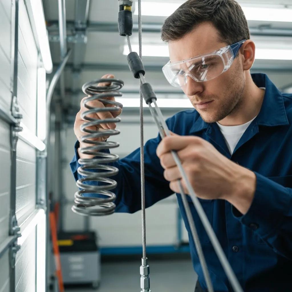 Technician inspecting a garage door mechanism during an urgent repair in Montreal