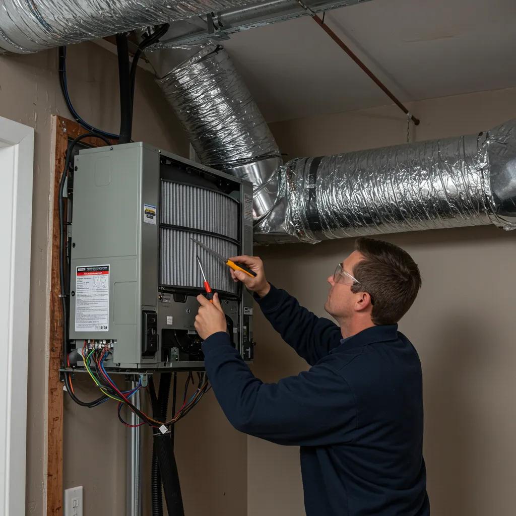 Technician inspecting HVAC system components for better indoor air quality