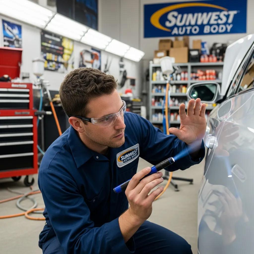 Technician inspecting vehicle paint finish after collision repair
