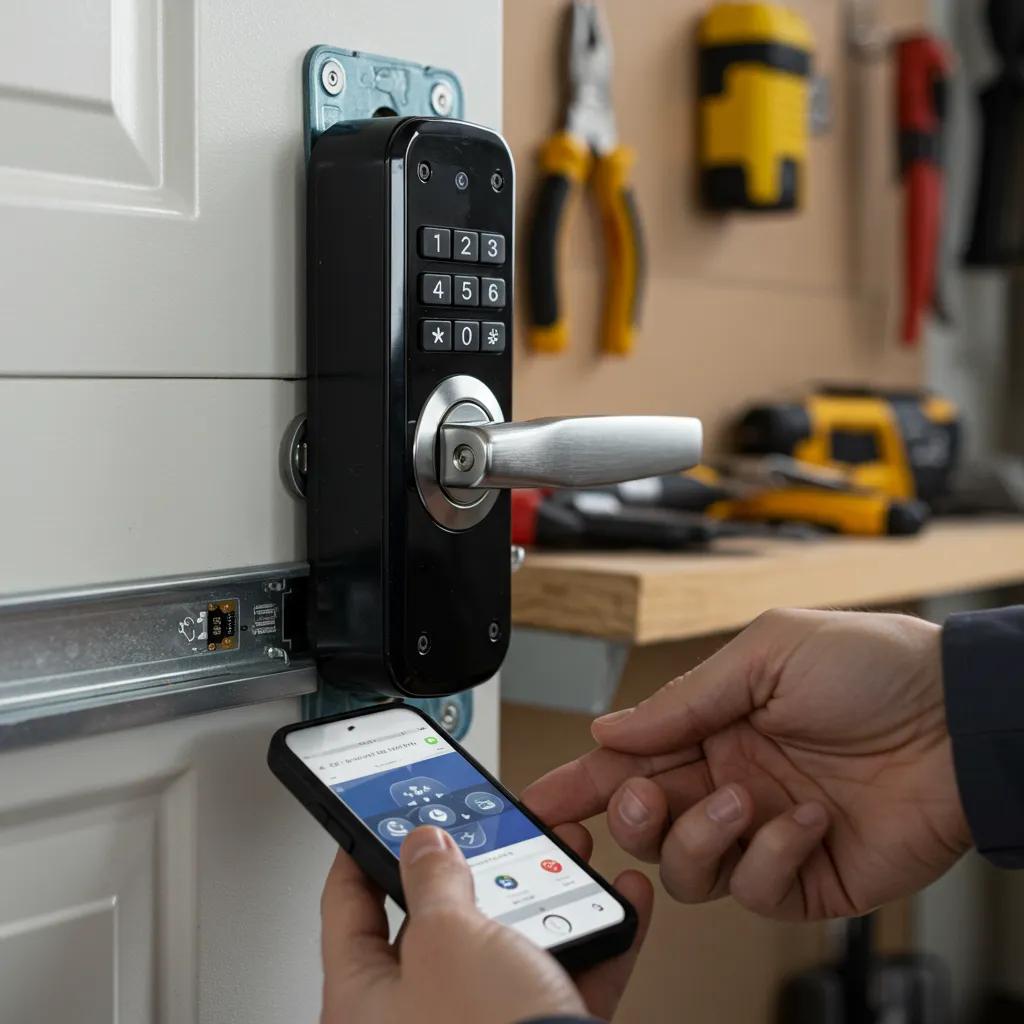 Our technician installing a smart garage door lock with keypad and app integration