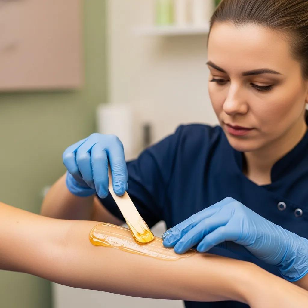 Technician performing a precise waxing service on a client's arm, showcasing speed and professional care