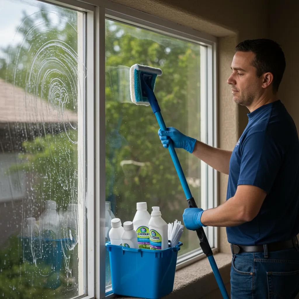 Technician performing a residential window washing process, showcasing assessment and cleaning techniques