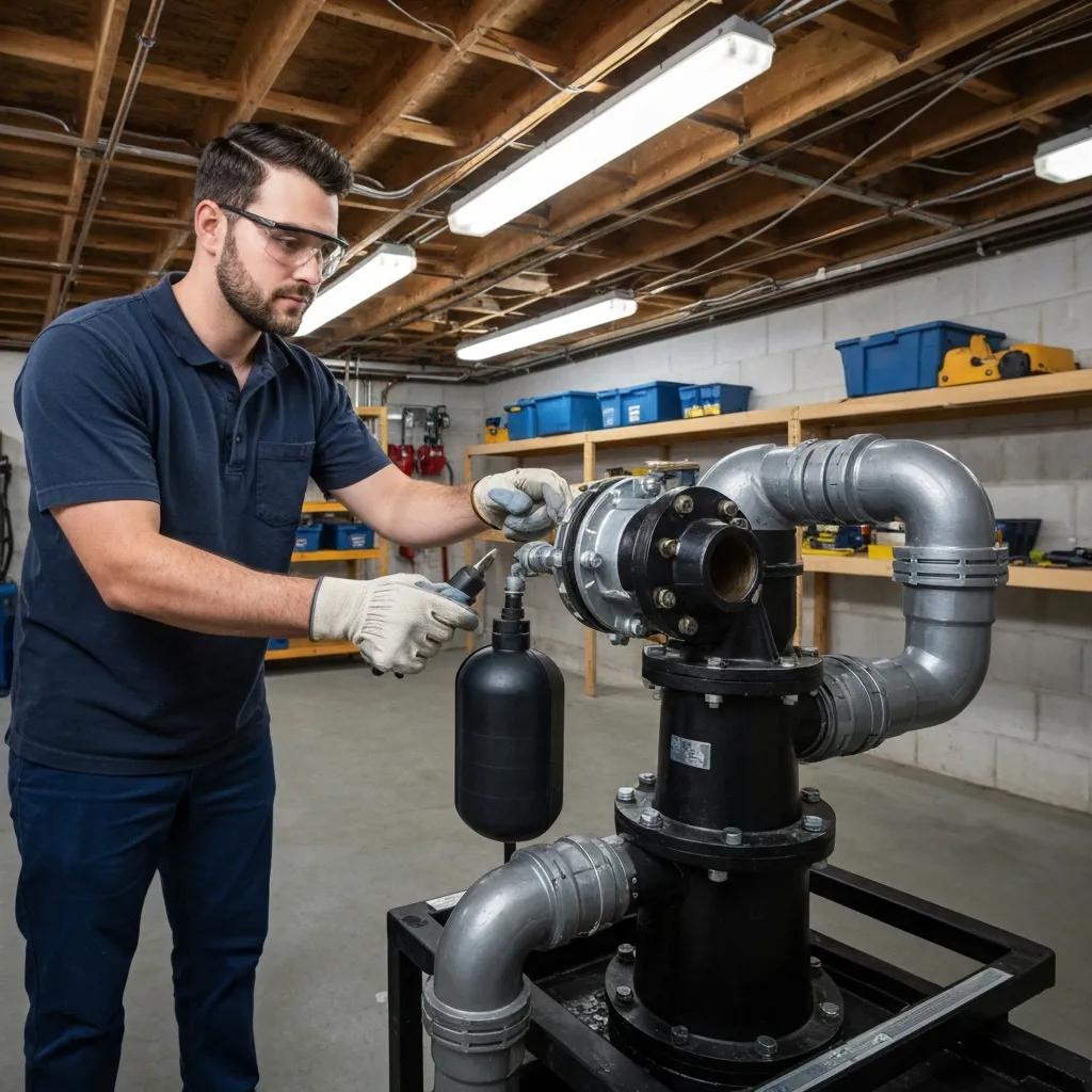 Technician performing maintenance on a commercial sump pump Technician performing maintenance on a commercial sump pump