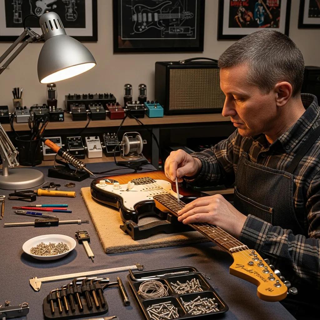 Technician performing guitar maintenance in a professional workshop