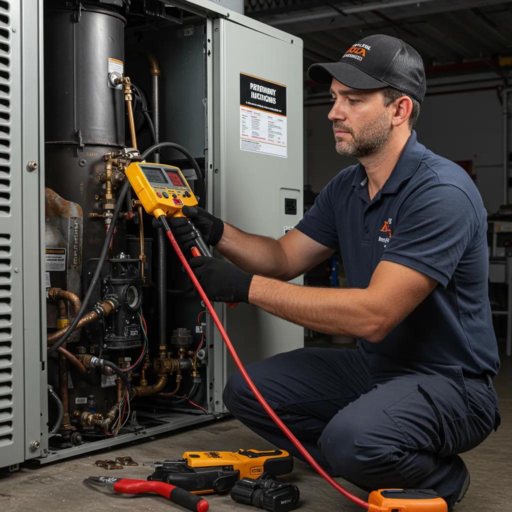 Technician performing preventative maintenance on HVAC unit