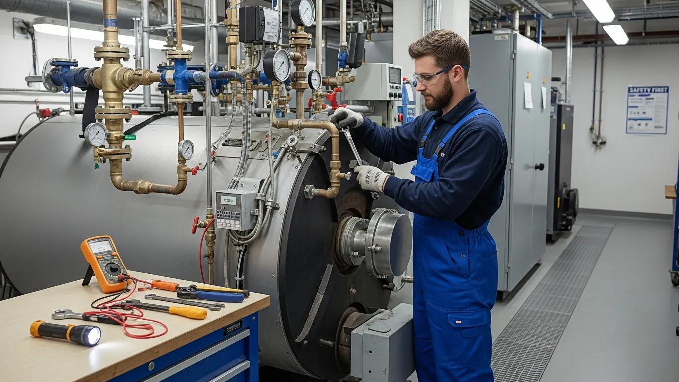 Technician performing routine maintenance checks on a commercial boiler