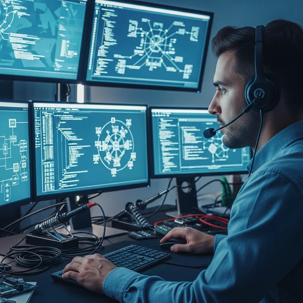 Technician providing remote IT support in a modern tech workspace