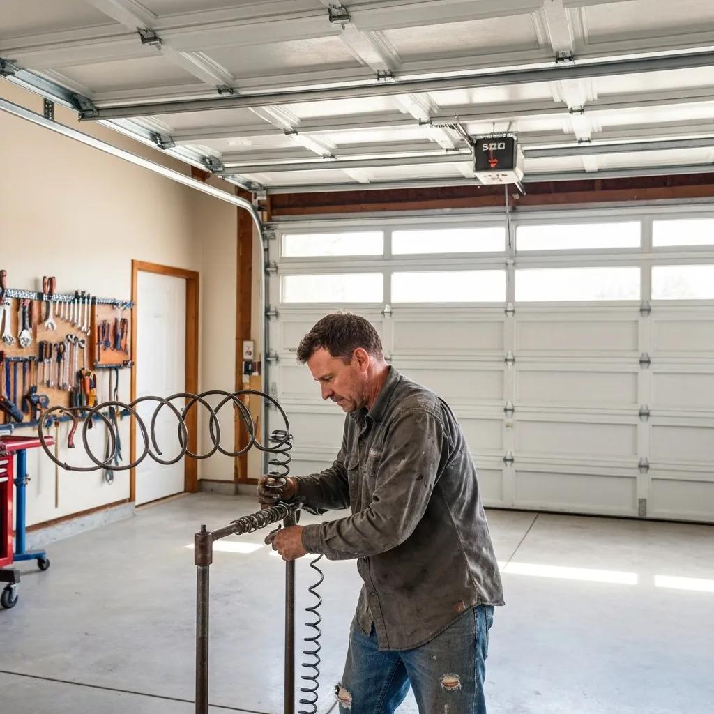 Technician replacing a broken torsion spring on a garage door during an emergency repair