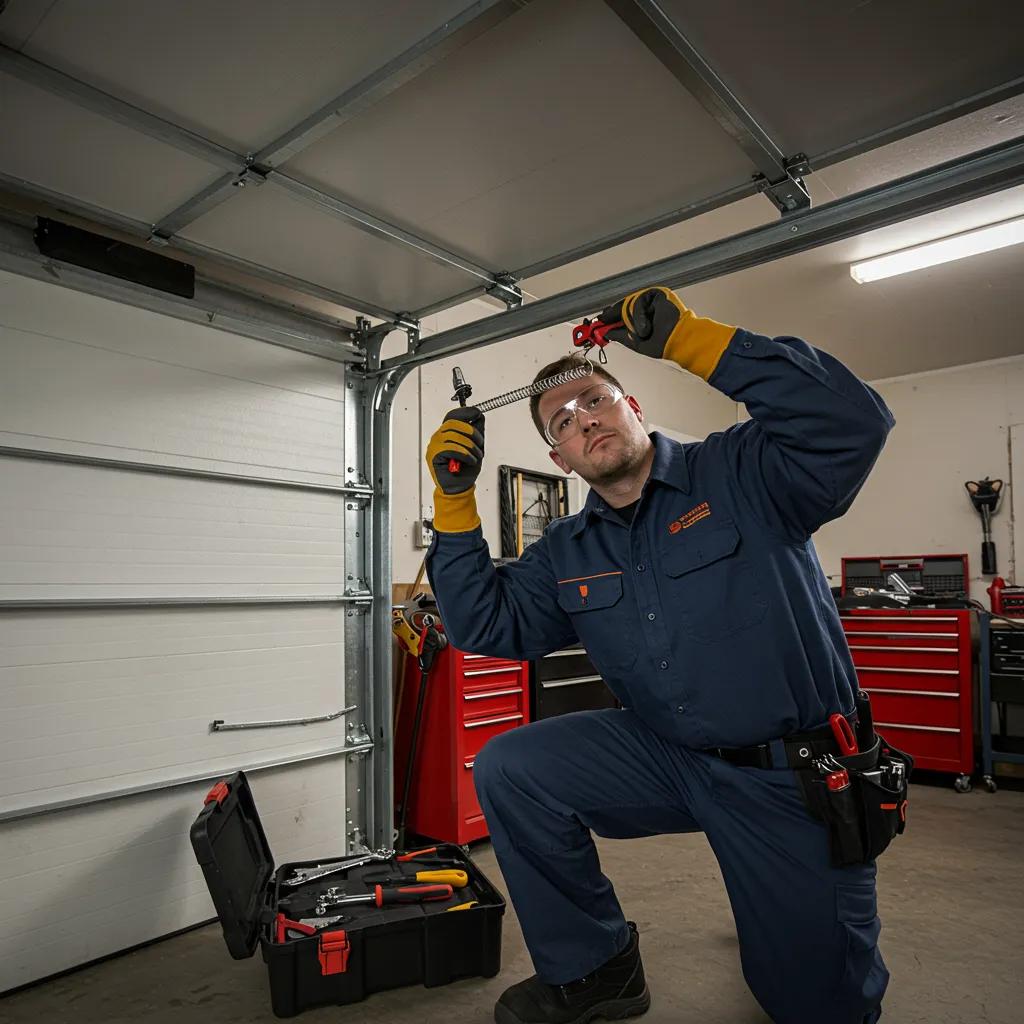 Technician repairing a garage door, highlighting emergency repair services in Montreal