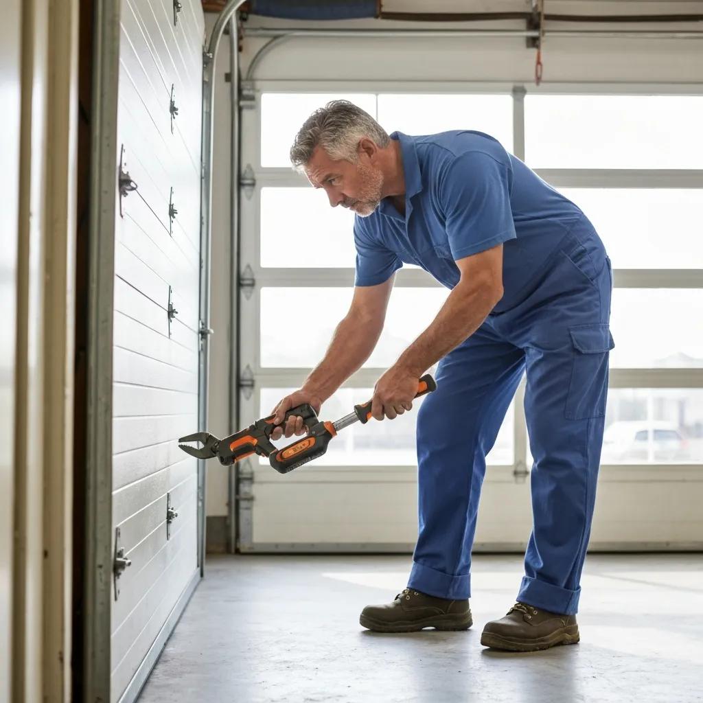 MTL Door Pro technician repairing a residential garage door with tools in a bright garage — emergency service available