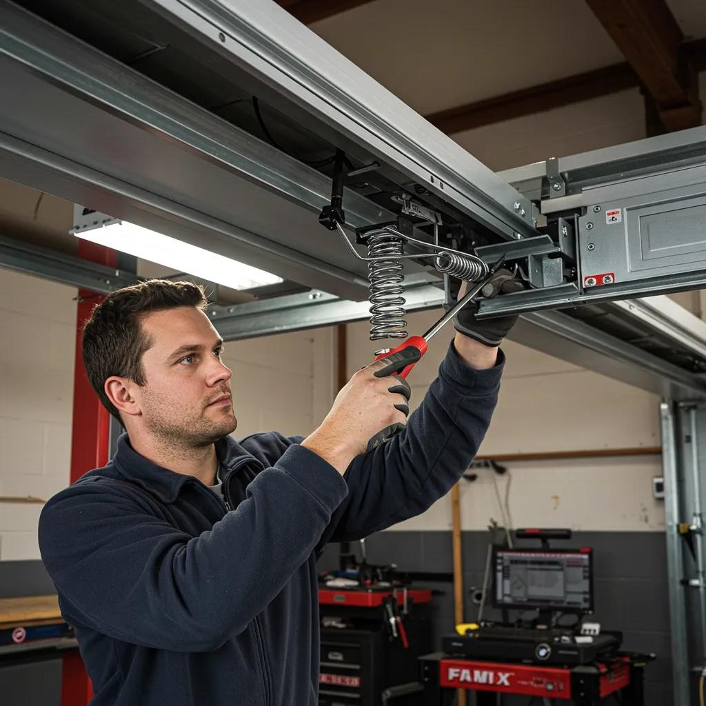 Technician replacing a torsion spring on a garage door, showcasing emergency garage door repair services
