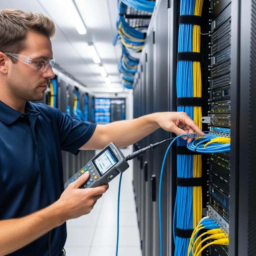 Technician testing network cabling in a server room to confirm performance