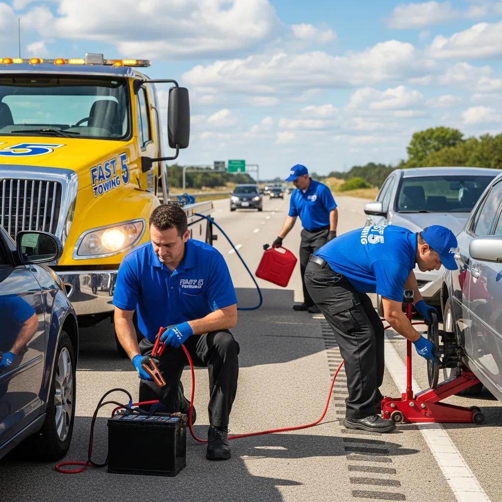 Technicians from Fast 5 Towing providing various roadside assistance services
