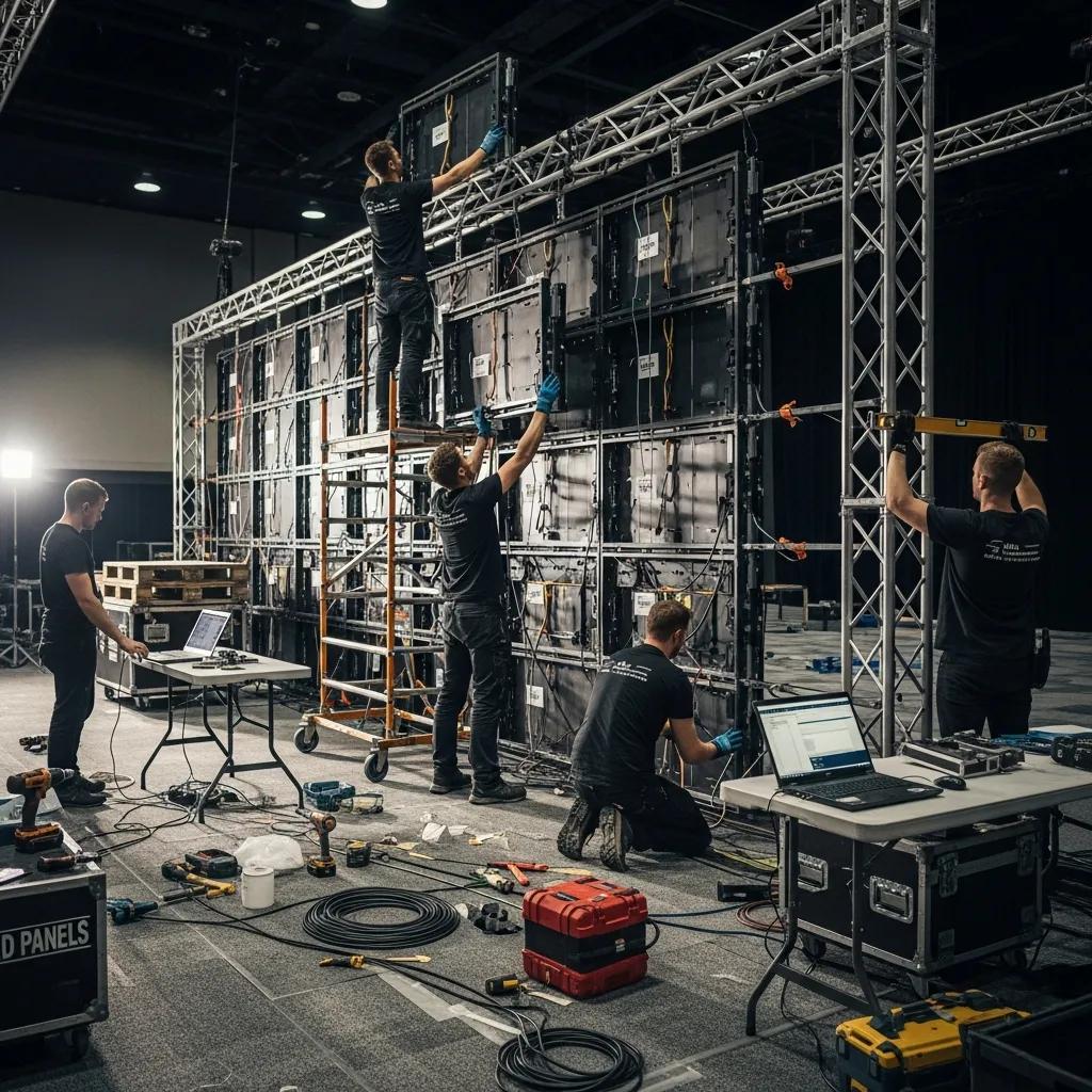 Technicians installing an LED video wall for an event setup
