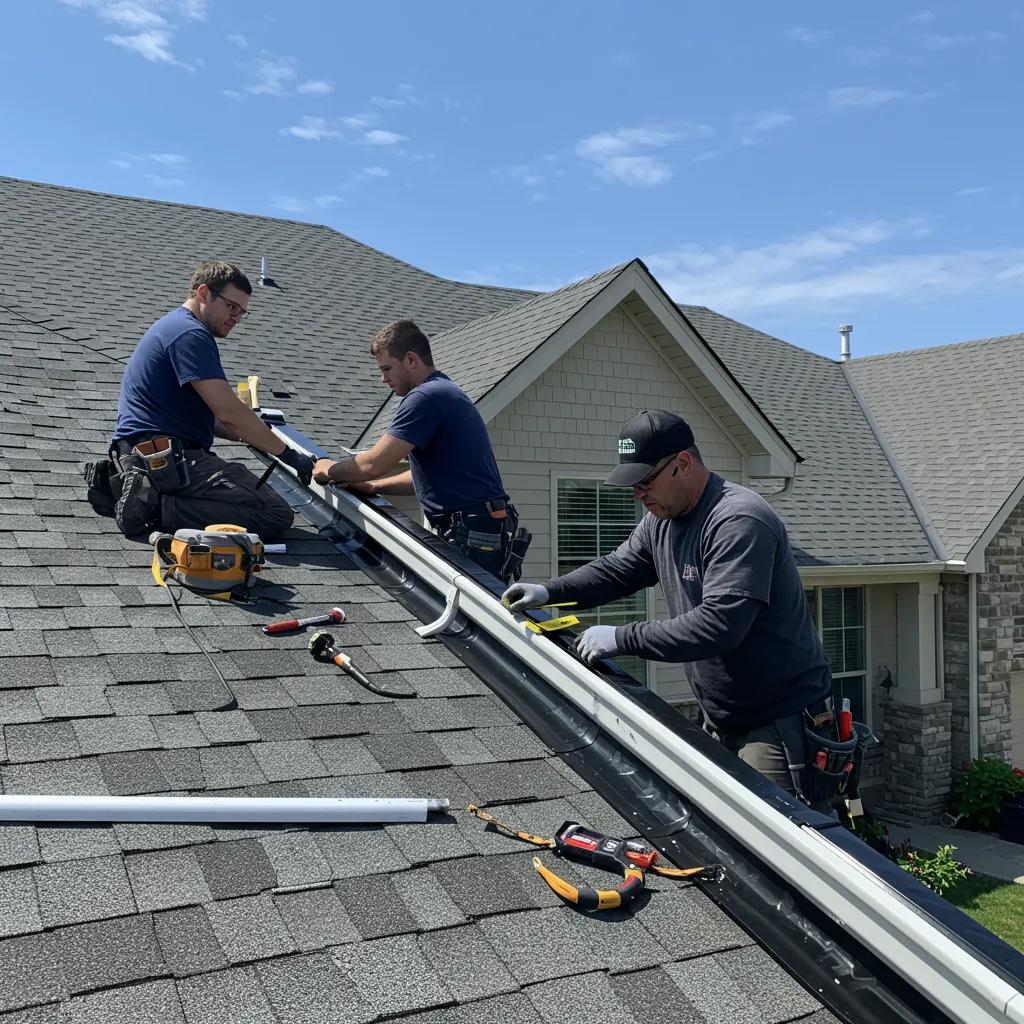 Technicians installing seamless gutters on a residential home, demonstrating the gutter installation process