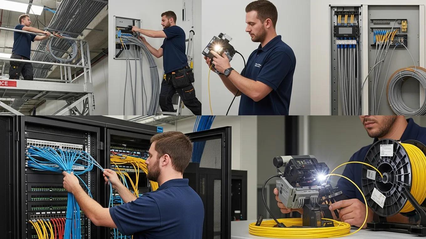 Technicians installing data and fiber optic network cabling