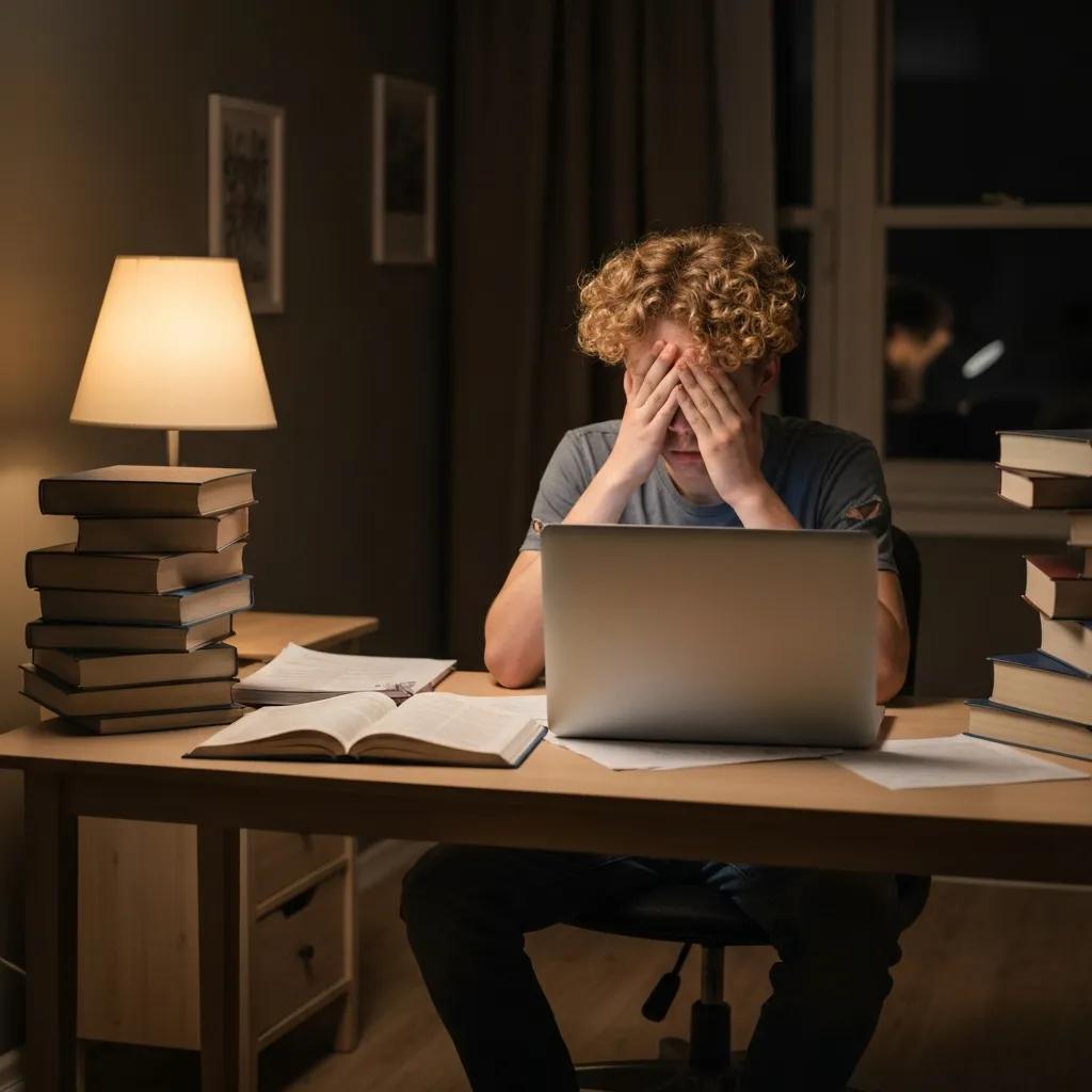 Teenager studying late at night, showcasing the effects of sleep deprivation on mood and academics