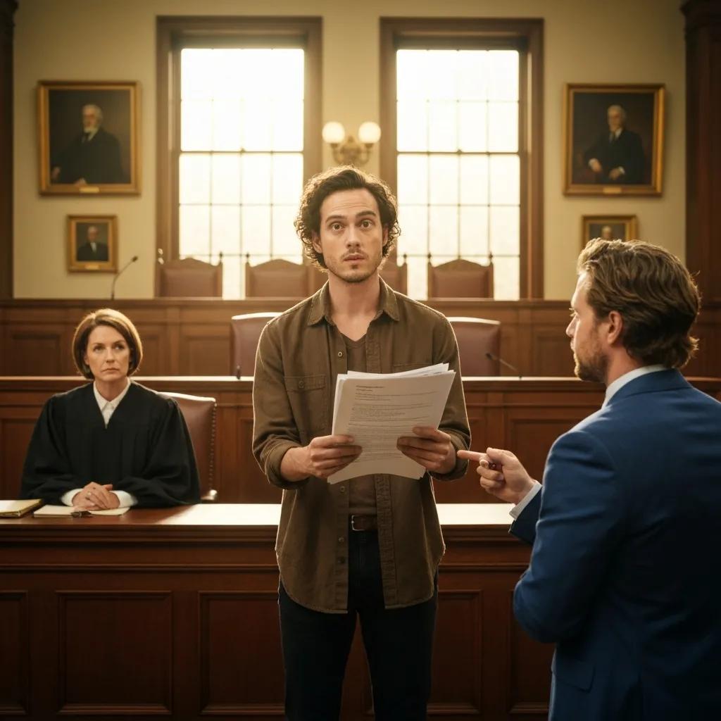 Tenant confidently presenting evidence in a courtroom, symbolizing the fight against eviction and legal empowerment