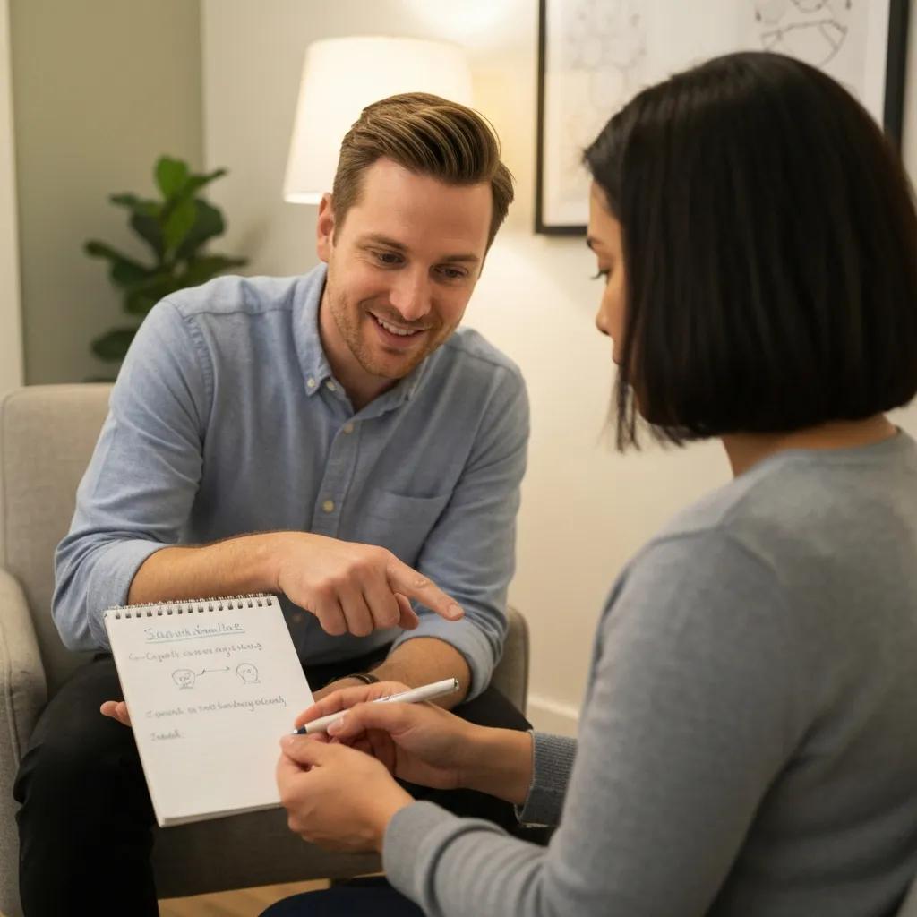 Therapist and client discussing cognitive behavioral therapy techniques in a comfortable office Therapist and client discussing cognitive behavioral therapy techniques in a comfortable office