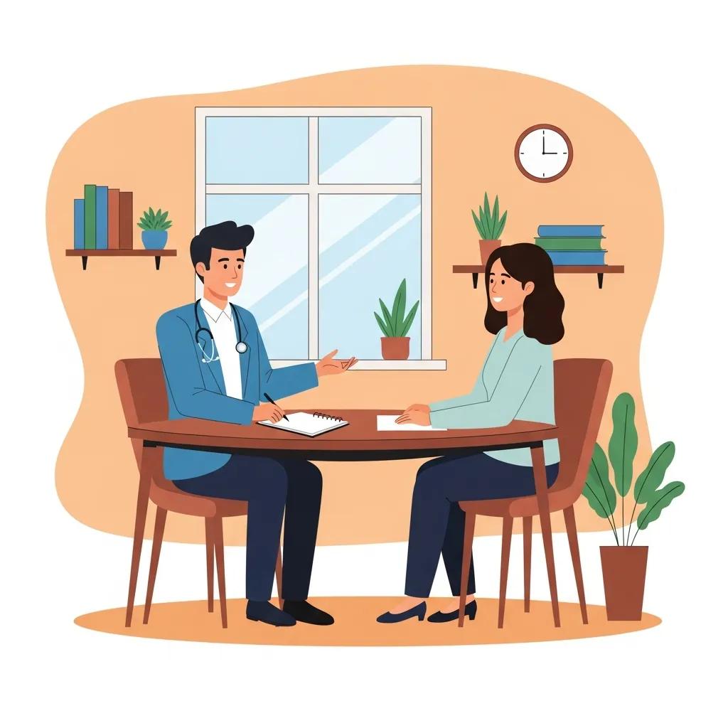 Therapist and client in a first-session conversation in a warm, welcoming office
