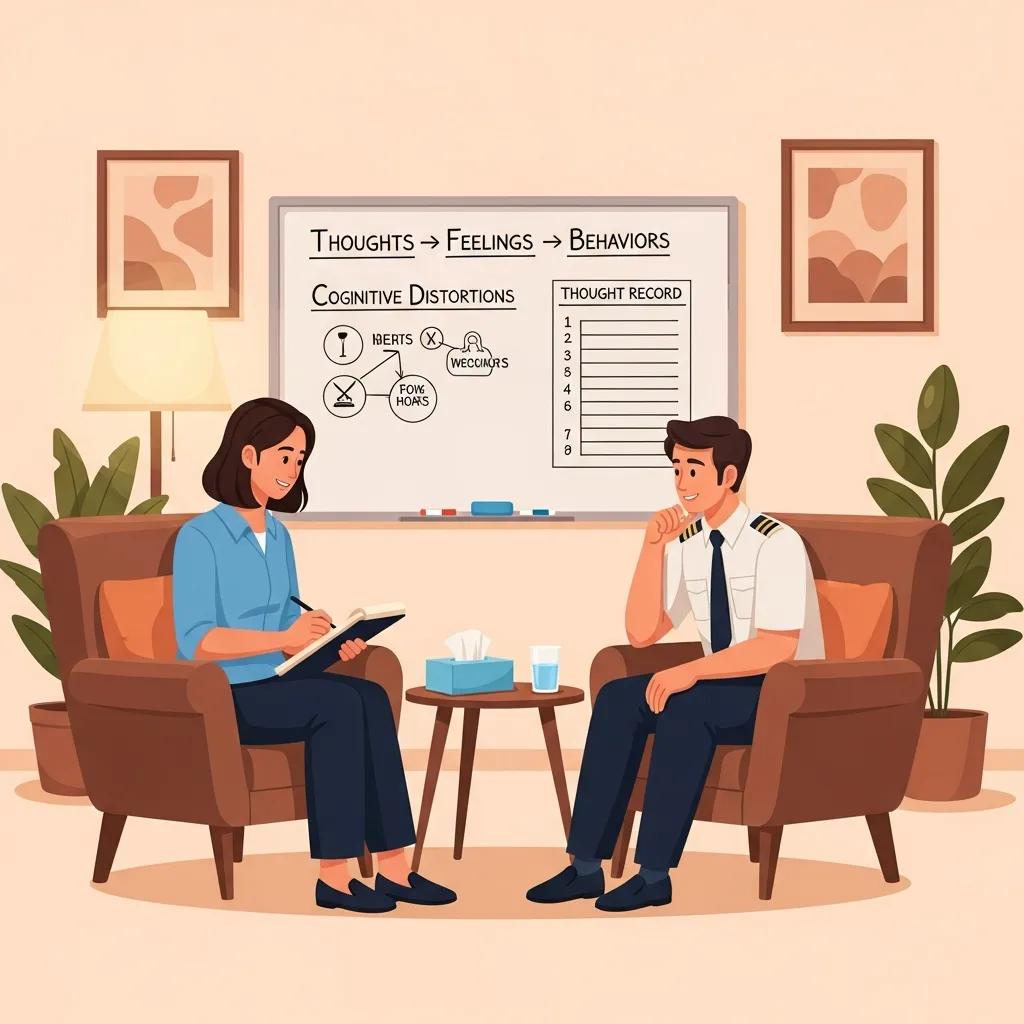 Therapist and client working together using CBT techniques for aviation stress Therapist and client working together using CBT techniques for aviation stress