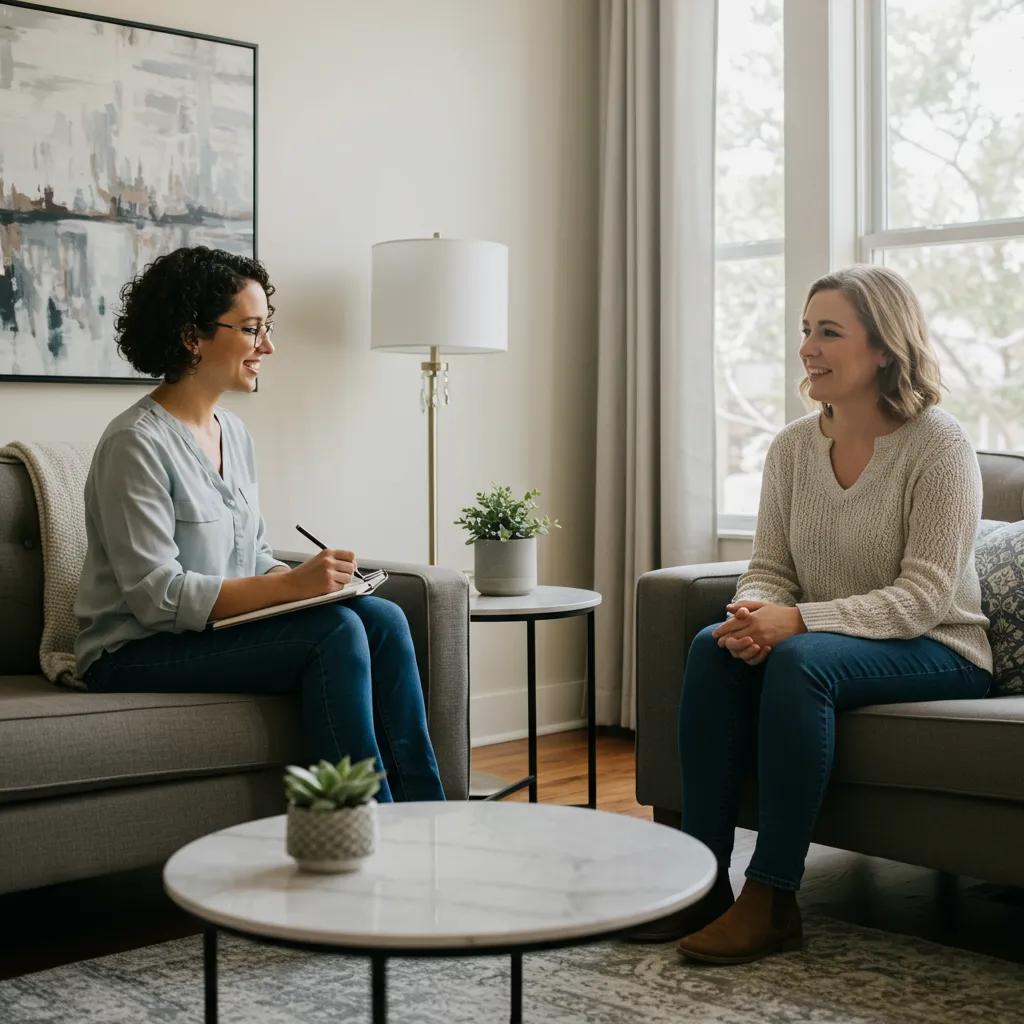 Therapist and client in a cozy office discussing personalized therapy options Therapist and client in a cozy office discussing personalized therapy options