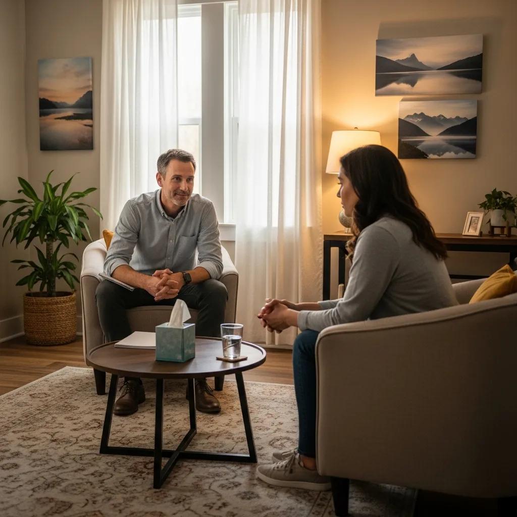 Therapist and client in supportive conversation illustrating attachment-focused care