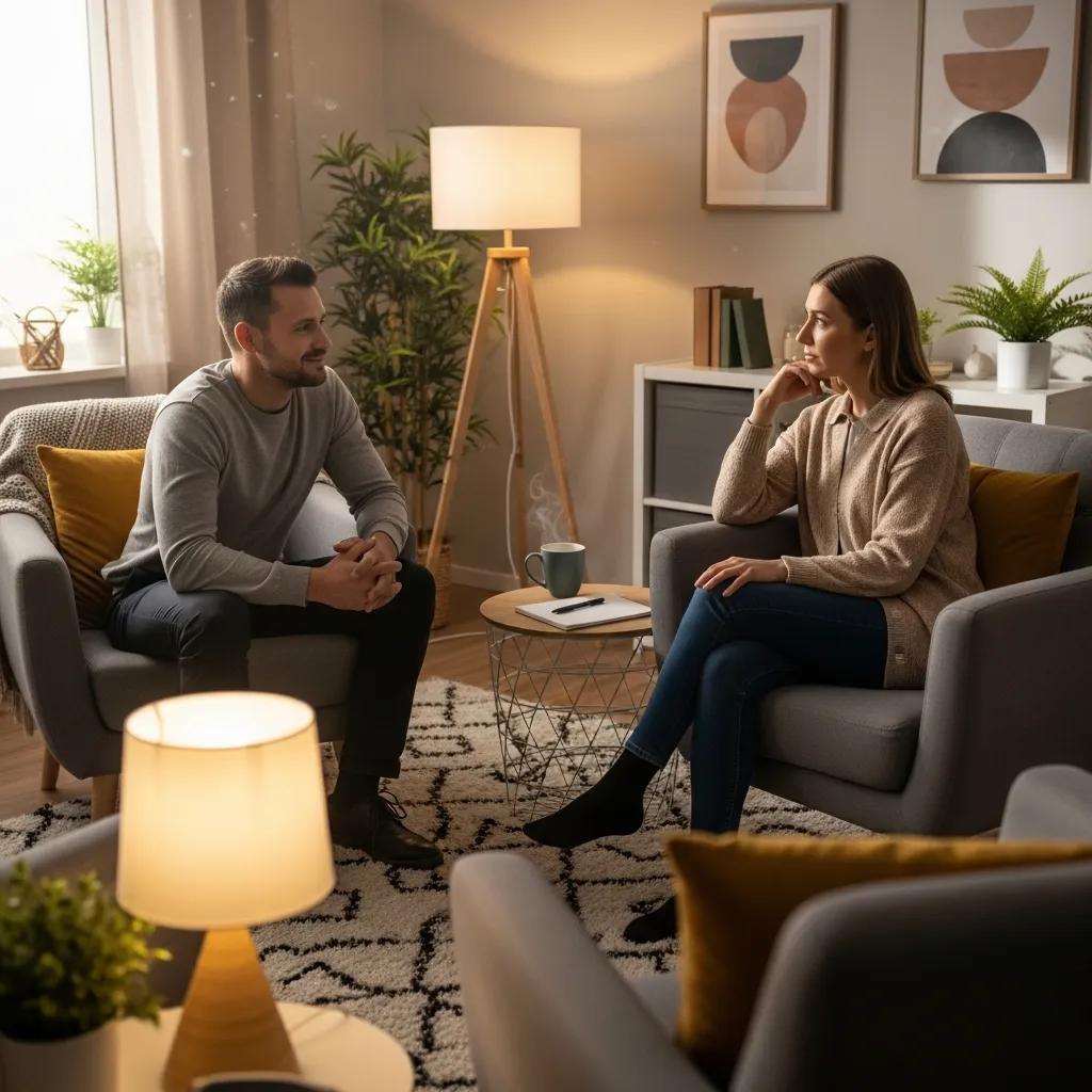 Therapist and client in a warm therapy session, addressing emotional obstacles to gratitude and fulfillment