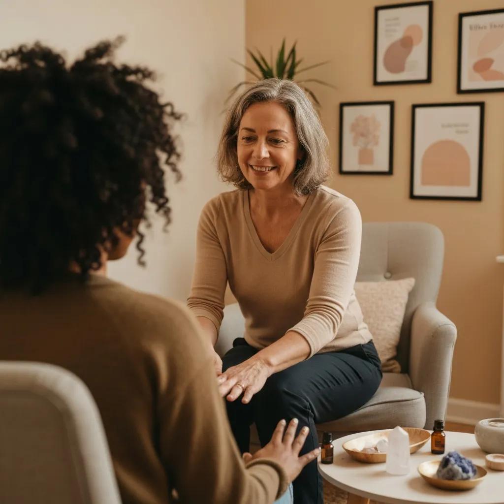 Therapist guiding grounding practices with a client in a calm therapy setting