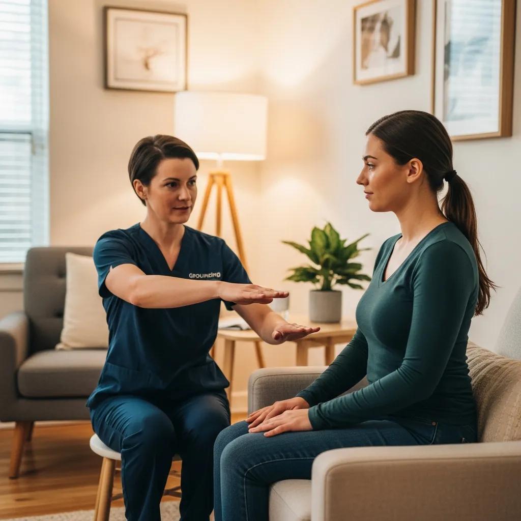 Therapist guiding a client through grounding techniques in a supportive environment