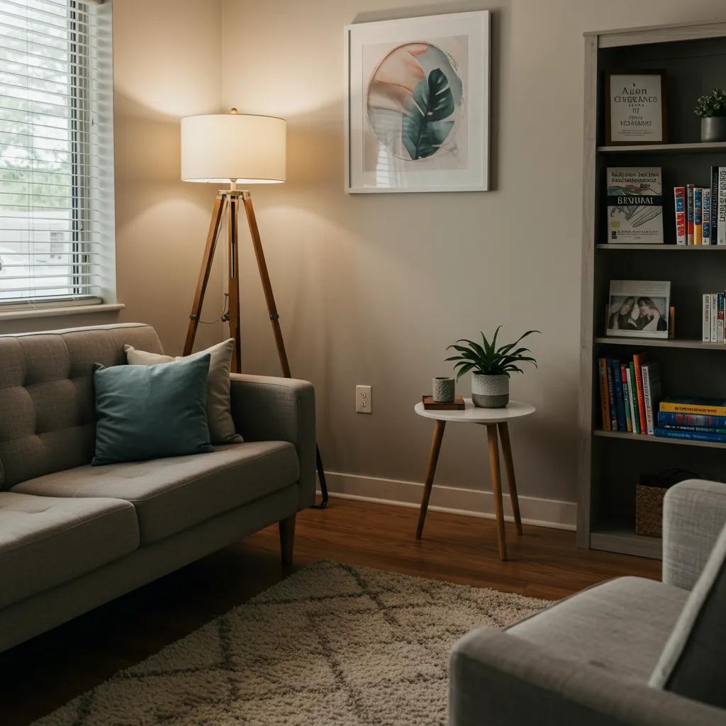 Therapist's office with cozy seating and calming decor, representing therapy insurance coverage Therapist's office with cozy seating and calming decor, representing therapy insurance coverage