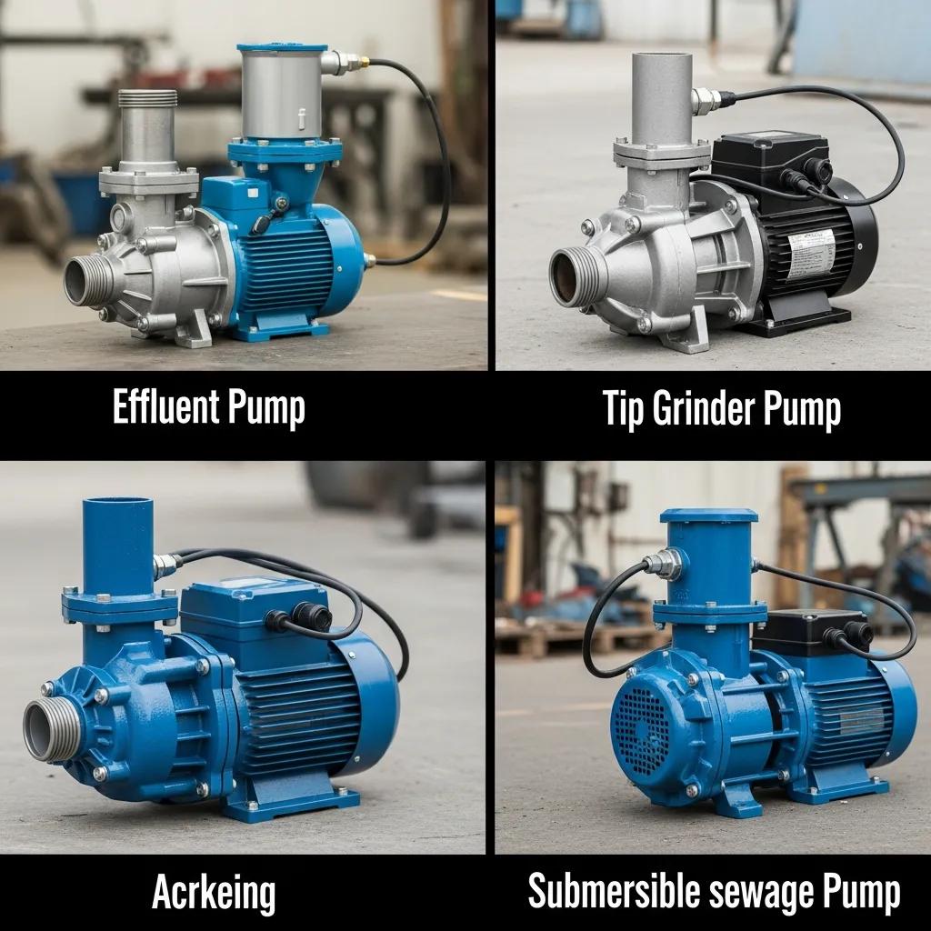 Effluent, grinder, and submersible septic pumps displayed for comparison