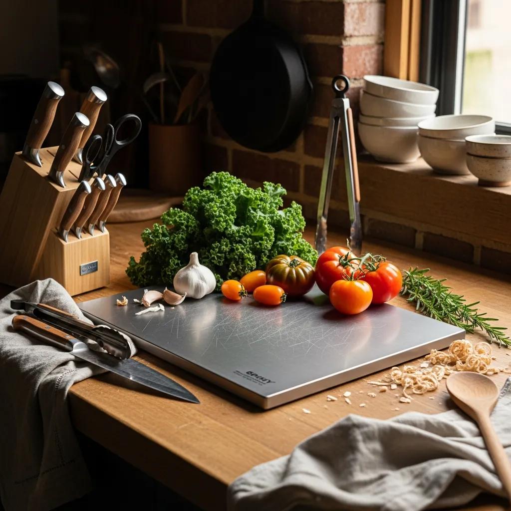 Titanium chopping board with kitchen utensils — built to last and reduce waste over time