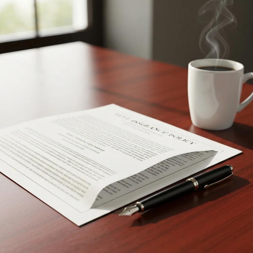 Title insurance policy on a table — protecting you from past title defects Title insurance policy on a table — protecting you from past title defects