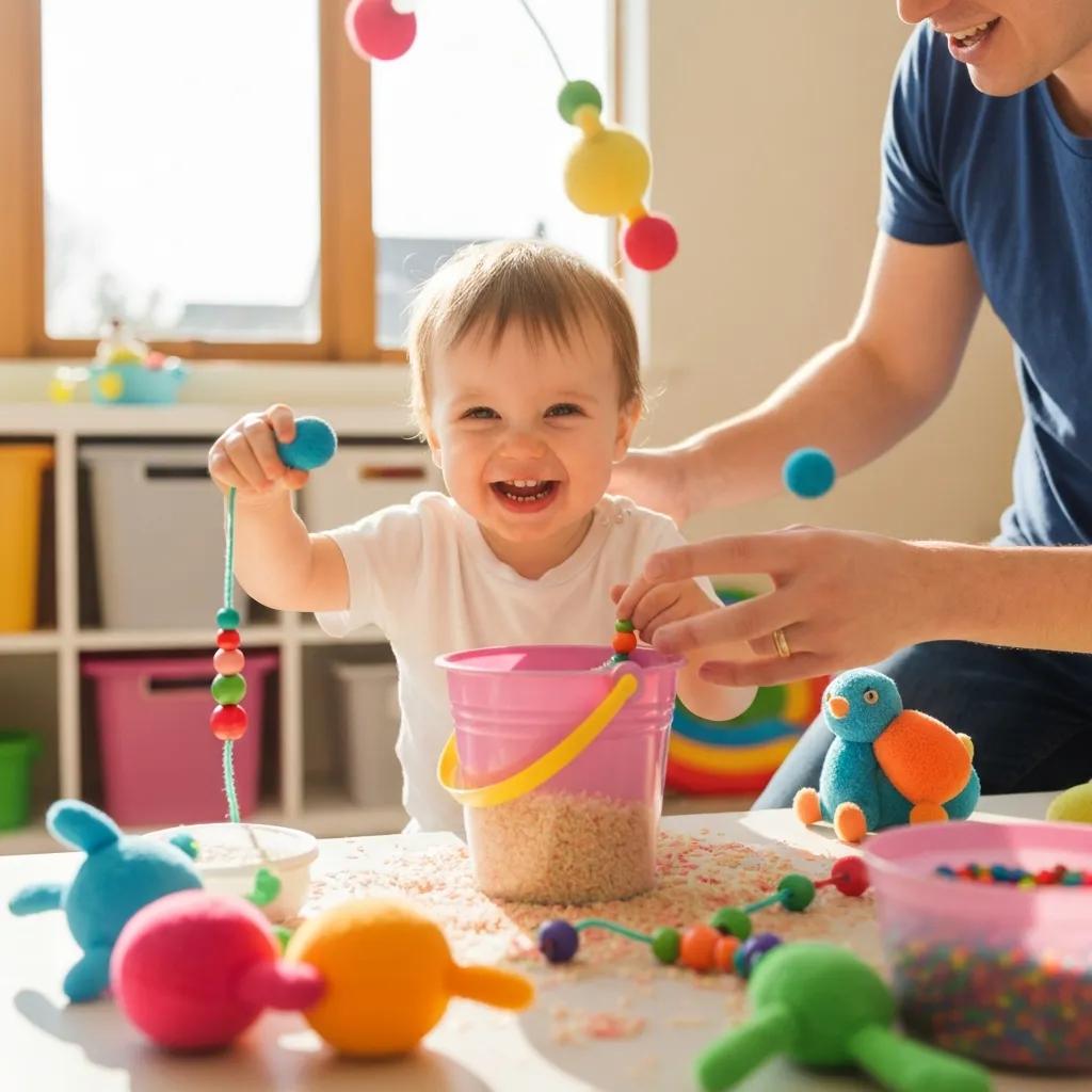 Toddler engaged in sensory play with colorful materials, promoting brain development activities