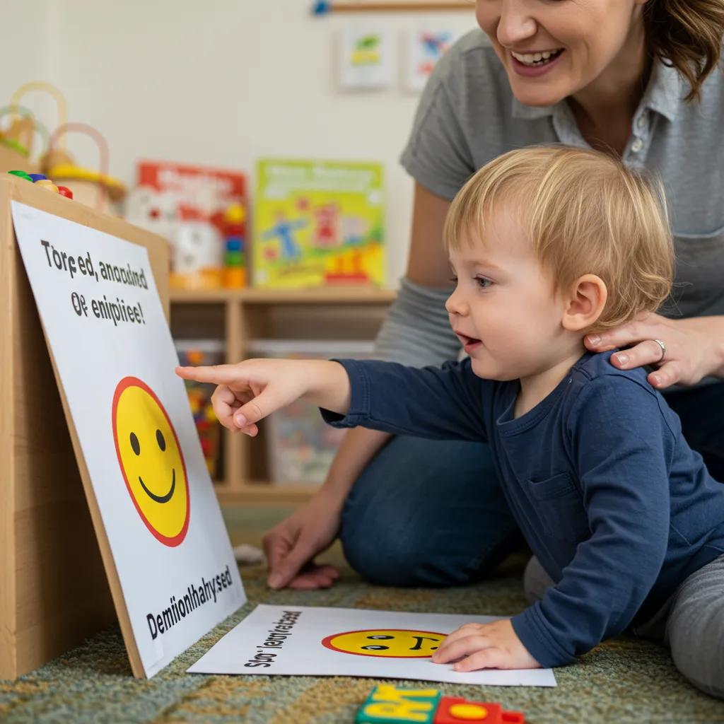 Toddler identifying emotions with caregiver support in a playful learning environment