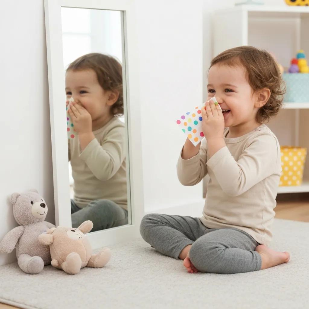 Toddler practicing nose blowing with a colorful tissue in a playful room