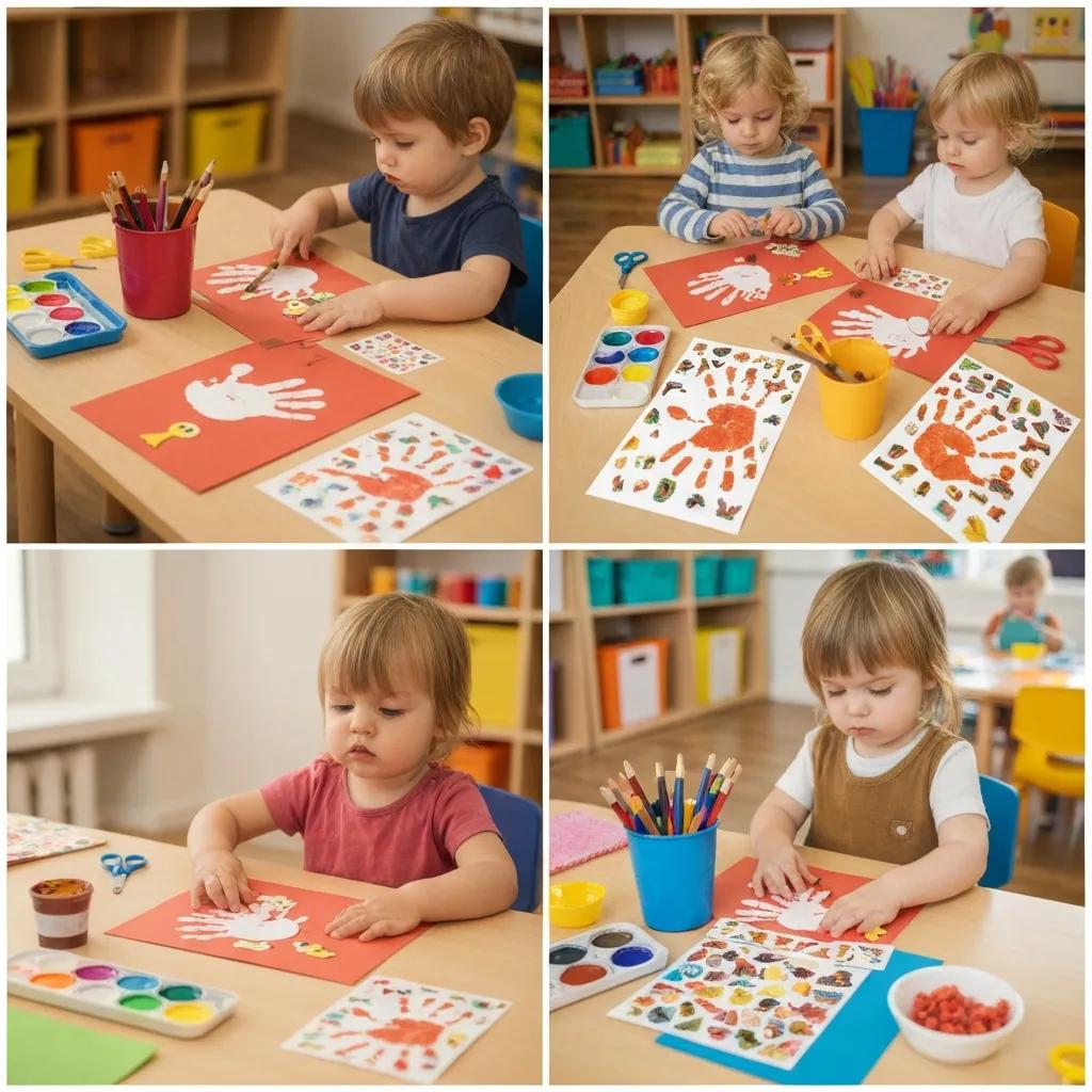 Toddlers creating Thanksgiving crafts with handprint turkeys and colorful supplies, showcasing creativity and joy