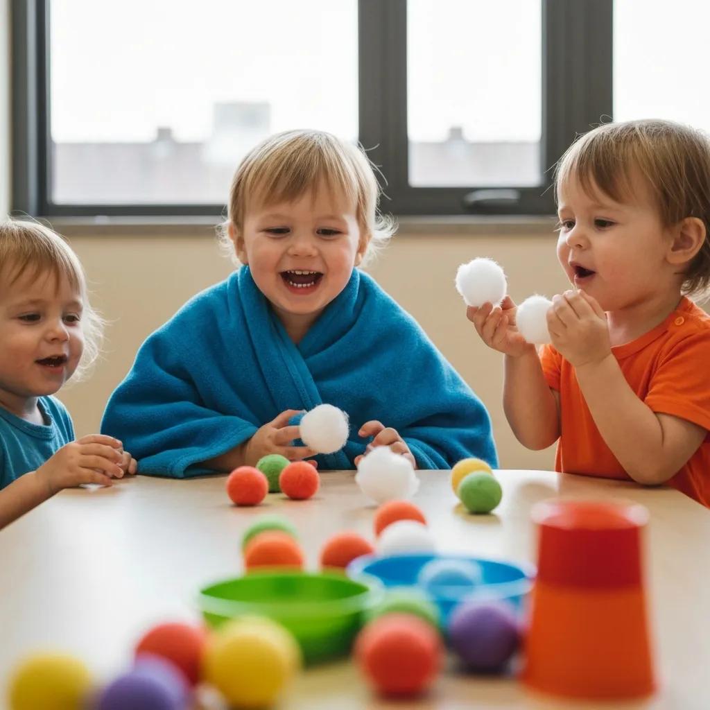 Toddlers playing a cotton ball race game, learning nose blowing through fun activities