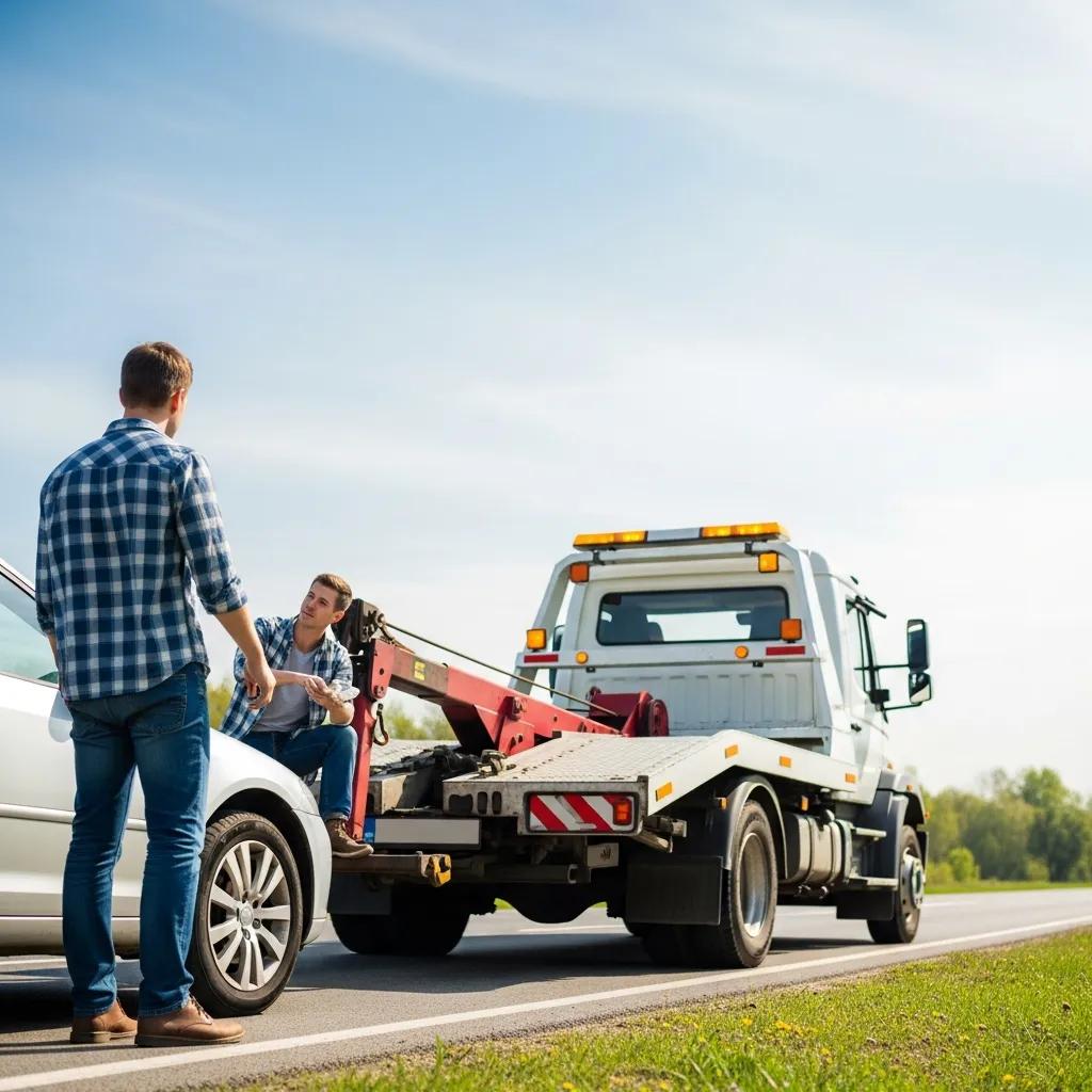 Tow truck assisting a stranded vehicle on a sunny day