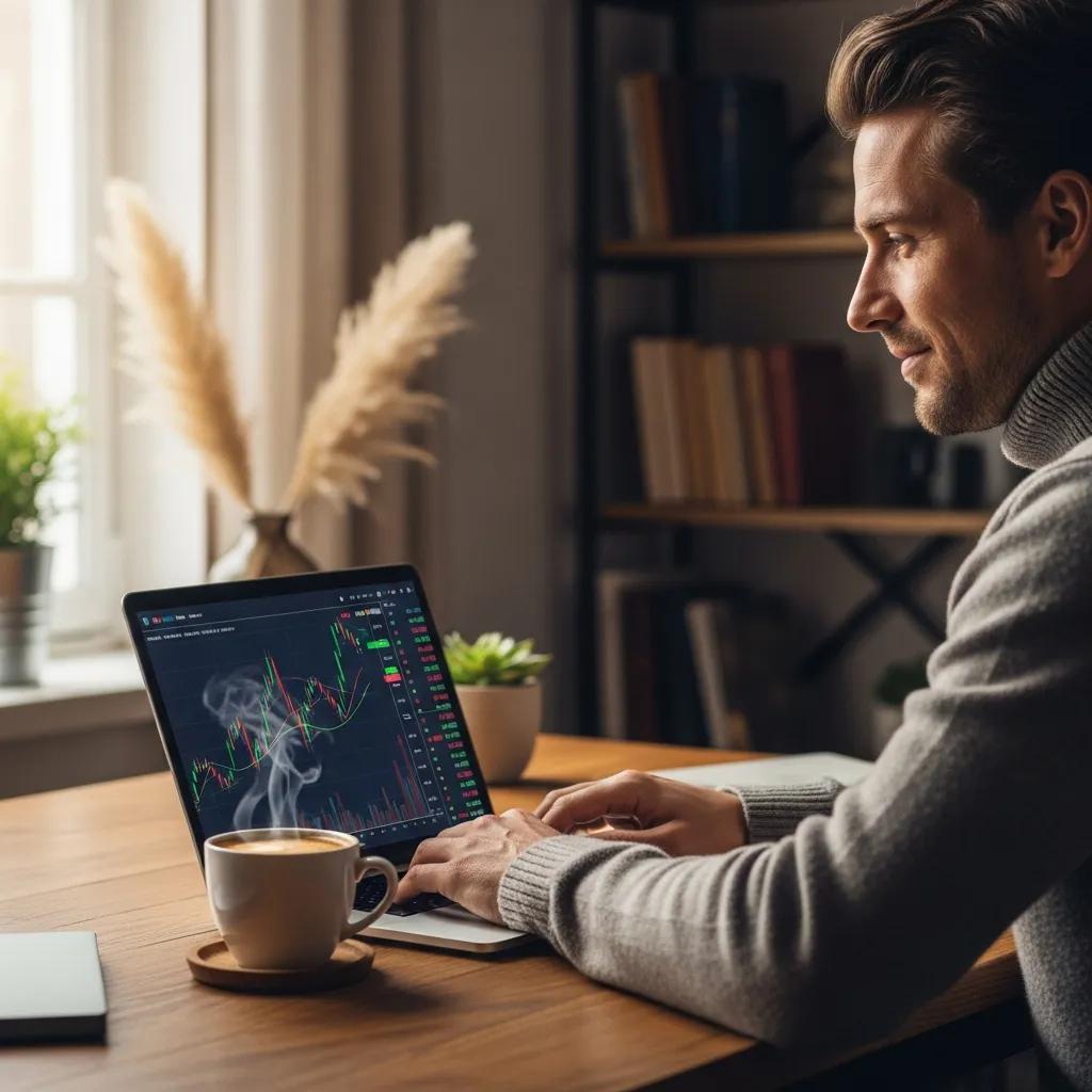 Trader analyzing forex data in a cozy home office setting