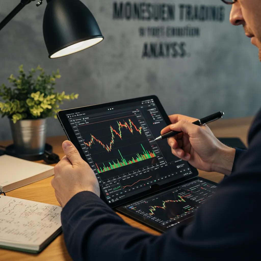Trader analyzing stock charts on a tablet in a modern, well-lit workspace