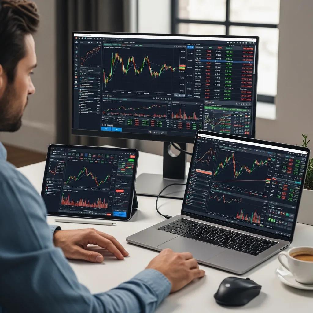 Trader using advanced trading platforms on multiple devices in a modern workspace, highlighting technology in trading