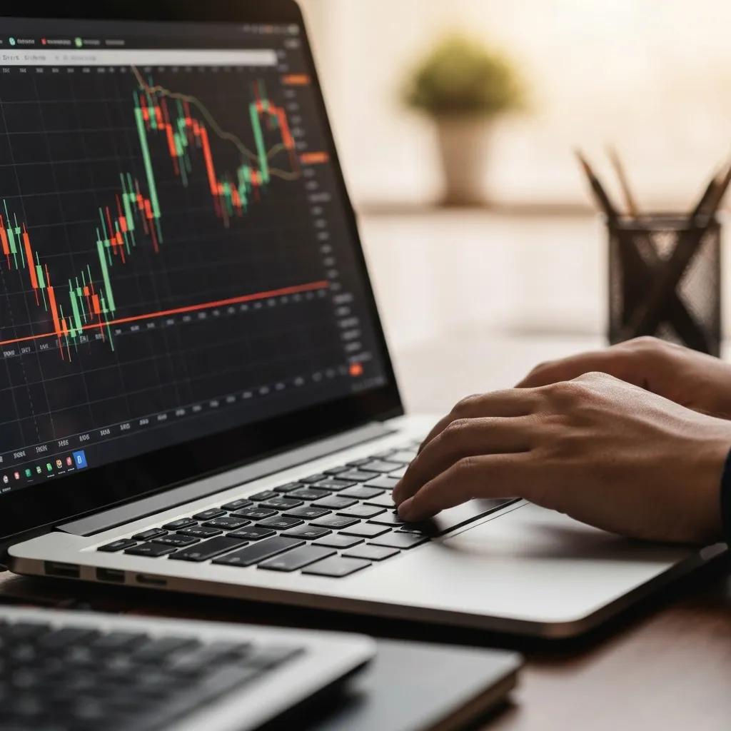 Trader's hands on a laptop, focusing on forex trading charts, illustrating high leverage concepts