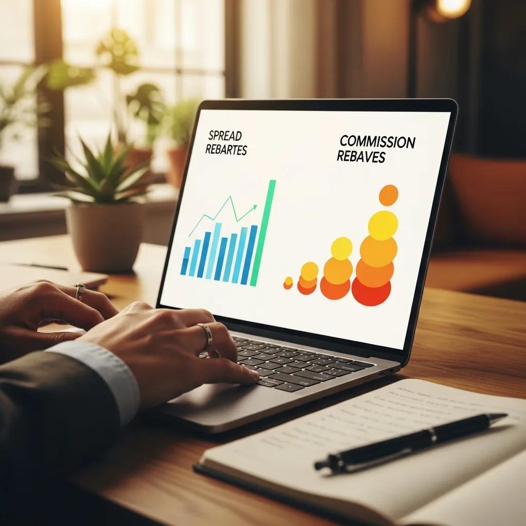 Trader's hands on a laptop with notepad, illustrating forex rebate types
